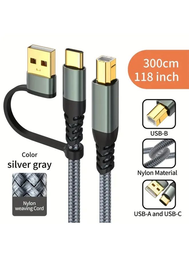 2 in 1 High Speed USB C and USB A to USB B Printer Cable 10ft Grey Compatible HP Epson Brother - Image 1